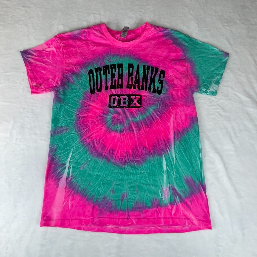 Gildan Tee Shirt Mens Large Multicolor Rainbow Tie Dye OBX Outer Banks Crew Neck